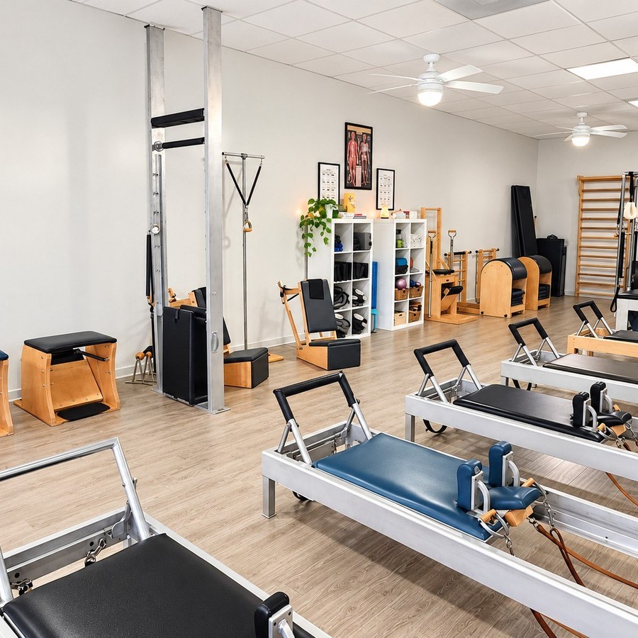 Reformers and classical Pilates apparatus inside International Pilates Center