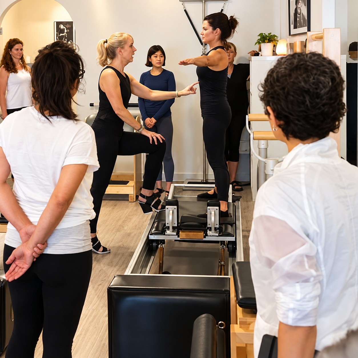 Pilates teacher training demonstration with students observing